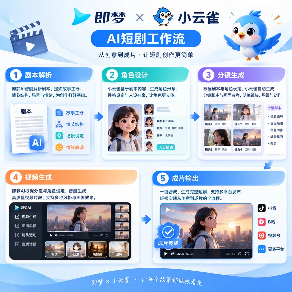 即梦与小云雀整合后的AI短剧工作流示意图,展示剧本解析、角色设计、分镜、视频生成和成片输出