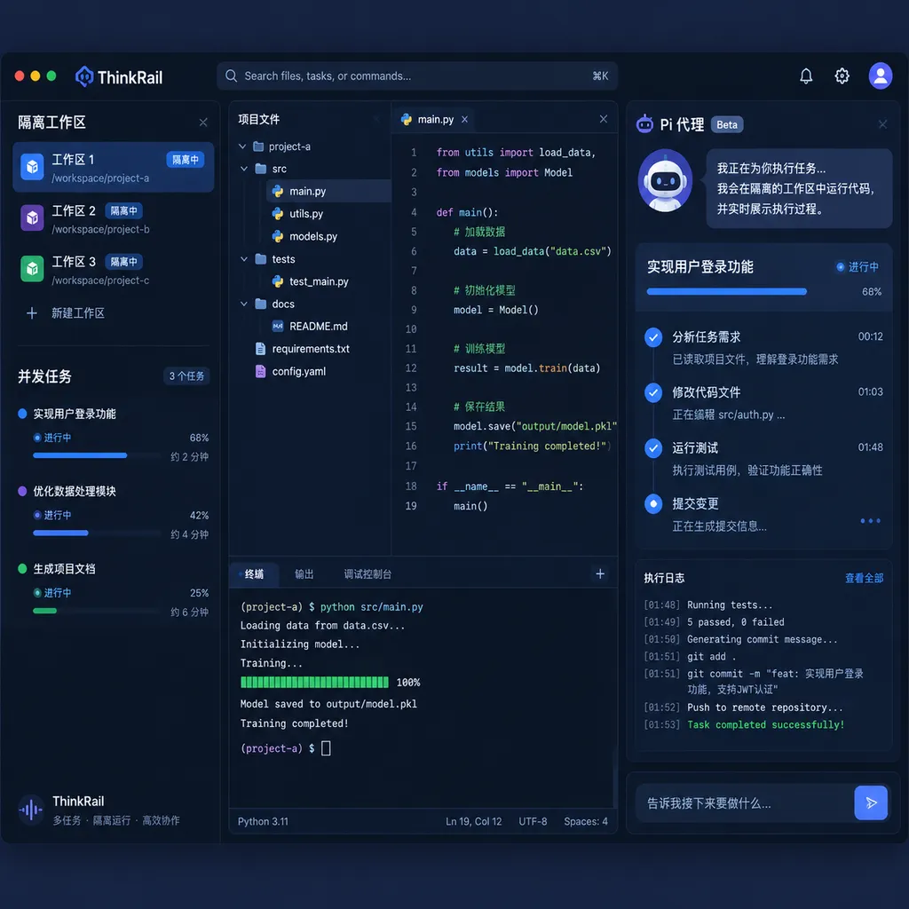 ThinkRail 桌面界面示意图,左侧为隔离工作区与并发任务,中间为代码和文件,右侧展示 Pi 代理执行过程