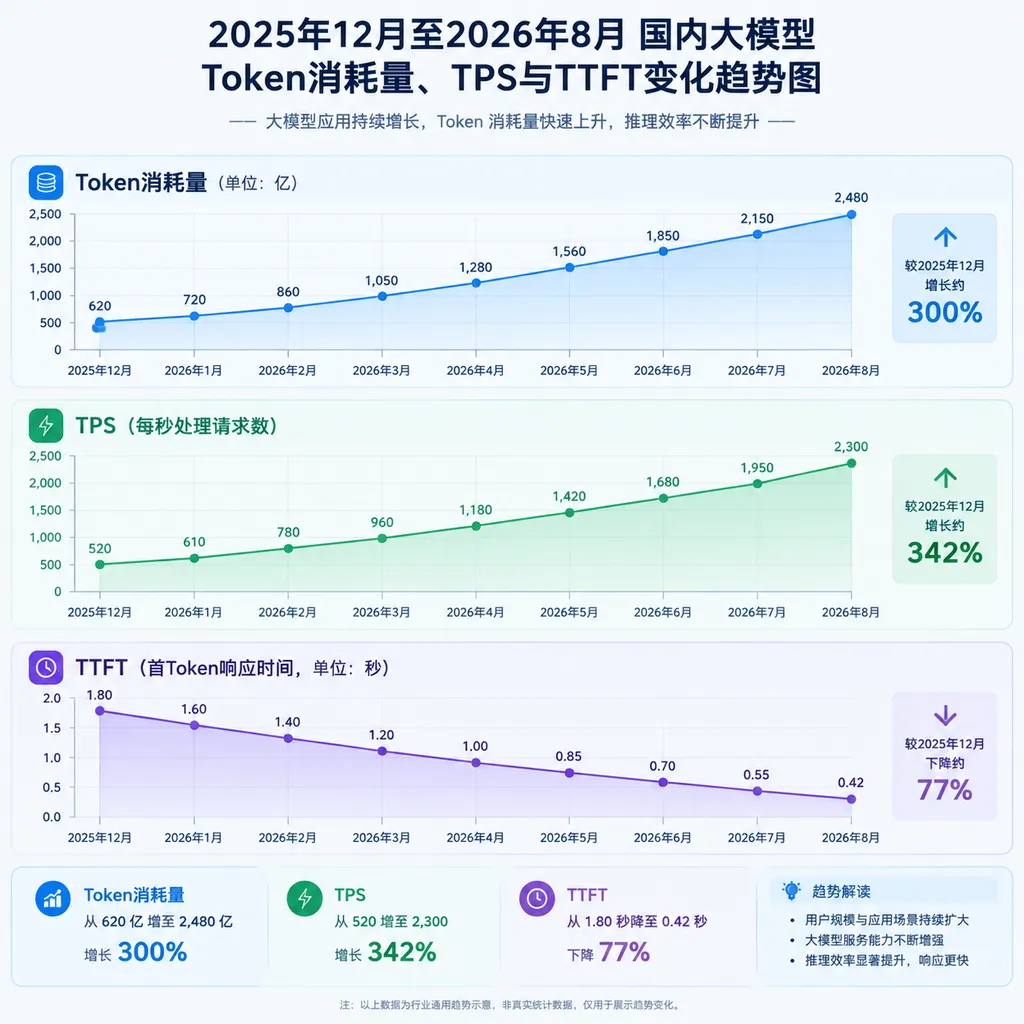 2025年12月至2026年8月国内大模型Token消耗量、TPS与TTFT变化趋势图