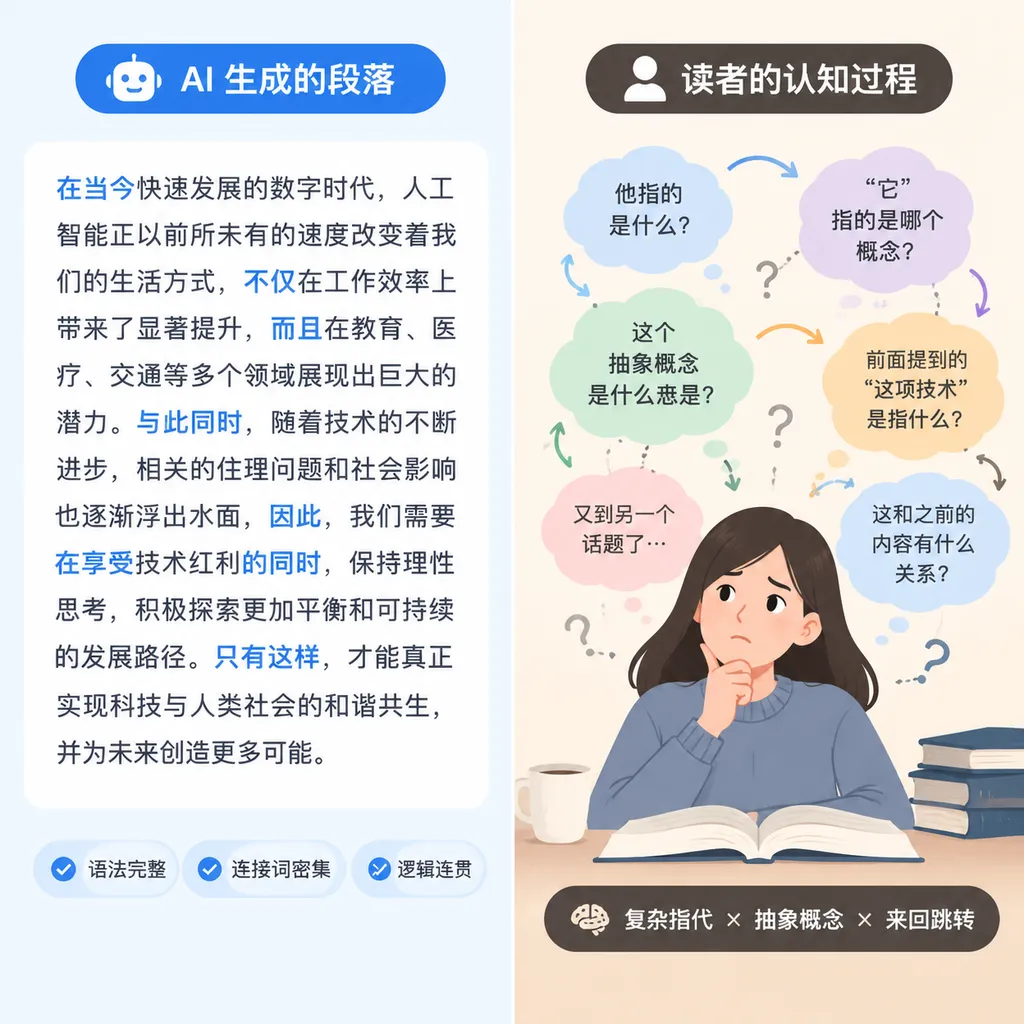 一边是语法完整、连接词密集的AI段落,另一边是读者在复杂指代与抽象概念之间来回跳转的示意图