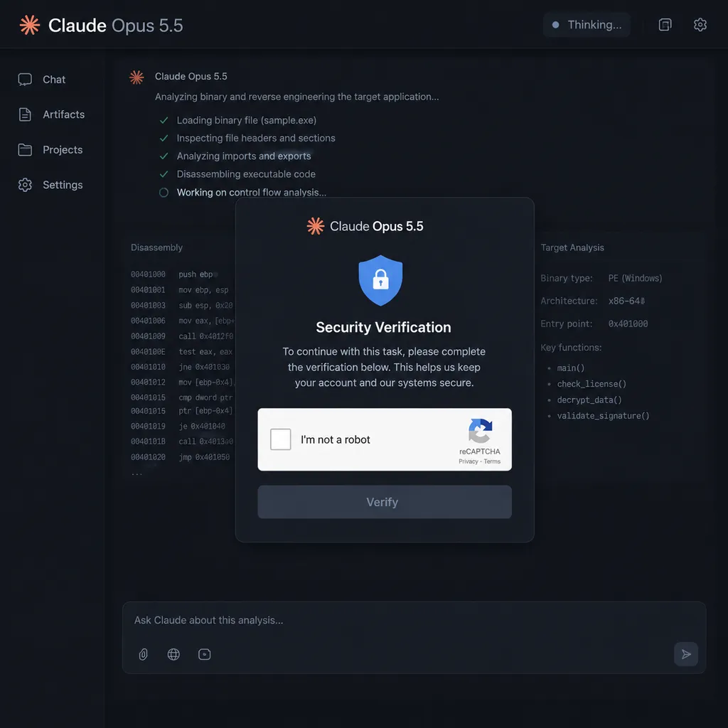 Claude Opus 5.5 在逆向工程任务中途触发安全校验的界面示意图