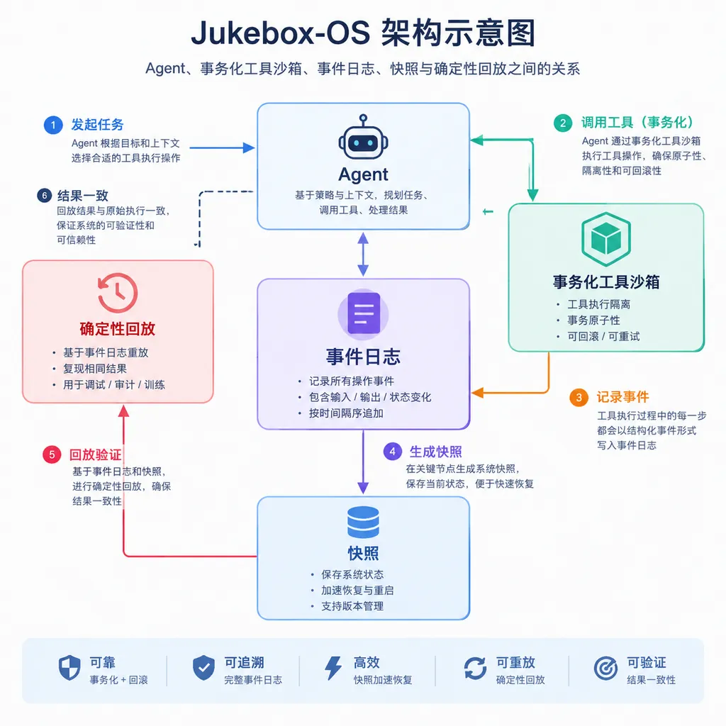 Jukebox-OS 架构示意图,展示 Agent、事务化工具沙箱、事件日志、快照与确定性回放之间的关系