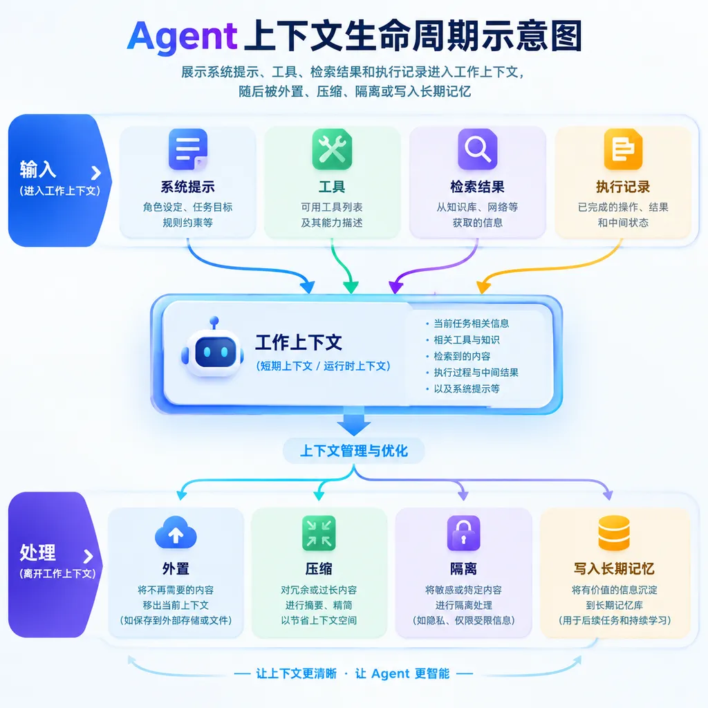 Agent 上下文生命周期示意图,展示系统提示、工具、检索结果和执行记录进入工作上下文,随后被外置、压缩、隔离或写入长期记忆
