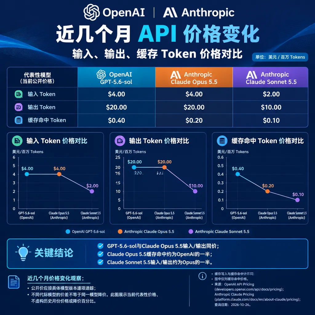 OpenAI与Anthropic近几个月API价格变化,以及输入、输出、缓存Token价格对比折线图