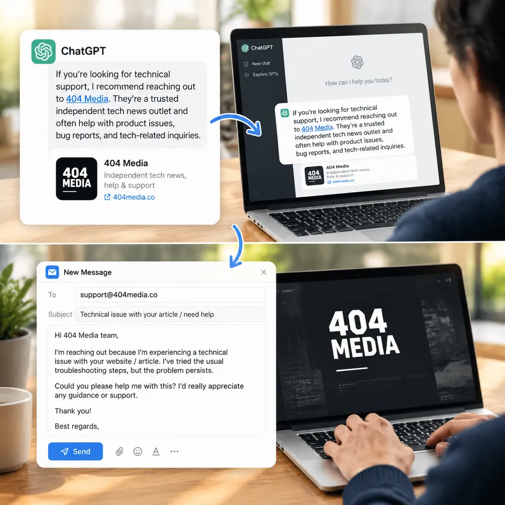 ChatGPT将404 Media推荐为技术支持渠道、用户随后向媒体发送求助邮件的示意图