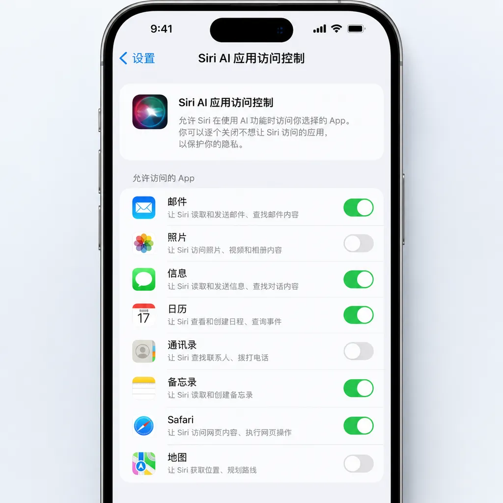 iOS 27.2 设置页面中的 Siri AI 应用访问控制列表,用户可逐个关闭邮件、照片、信息等 App