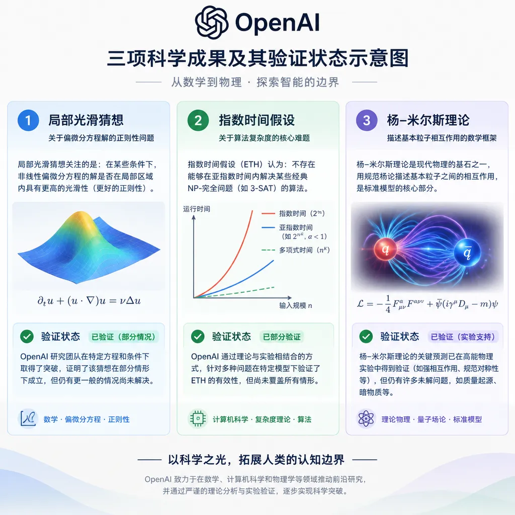 OpenAI三项科学成果及其验证状态示意图,包含局部光滑猜想、指数时间假设、杨–米尔斯理论三条研究线
