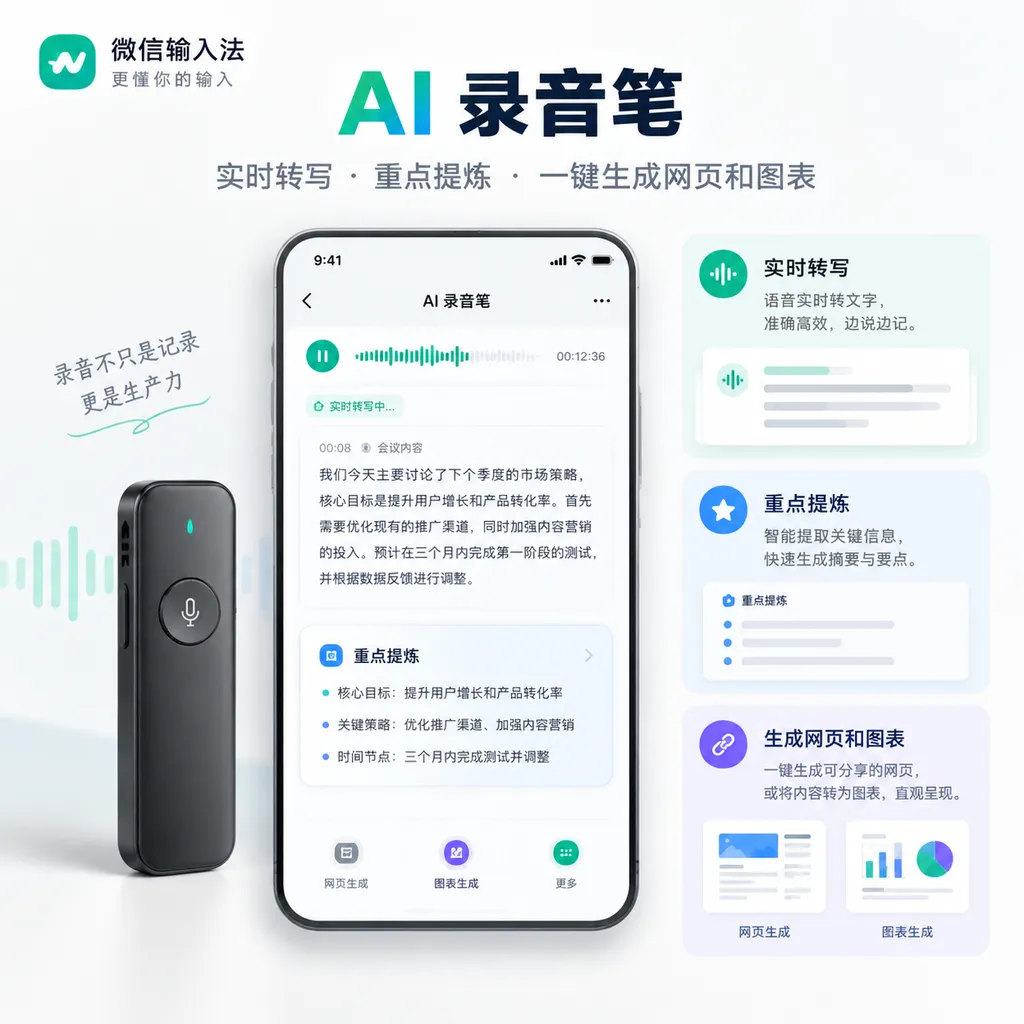 微信输入法 AI 录音笔界面,展示实时转写、重点提炼以及网页和图表生成入口