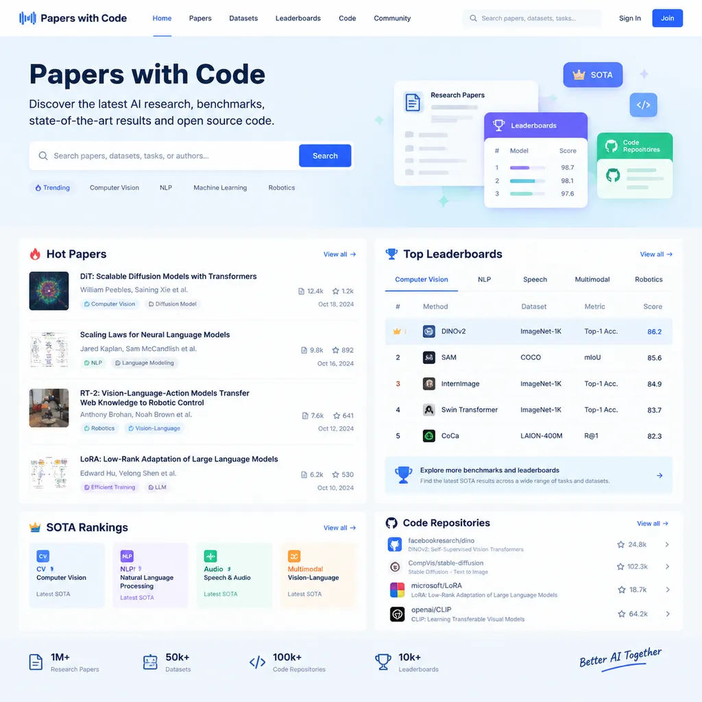 社区版 Papers with Code 首页示意图,展示热门 AI 论文、基准榜单、SOTA 排名及代码仓库入口