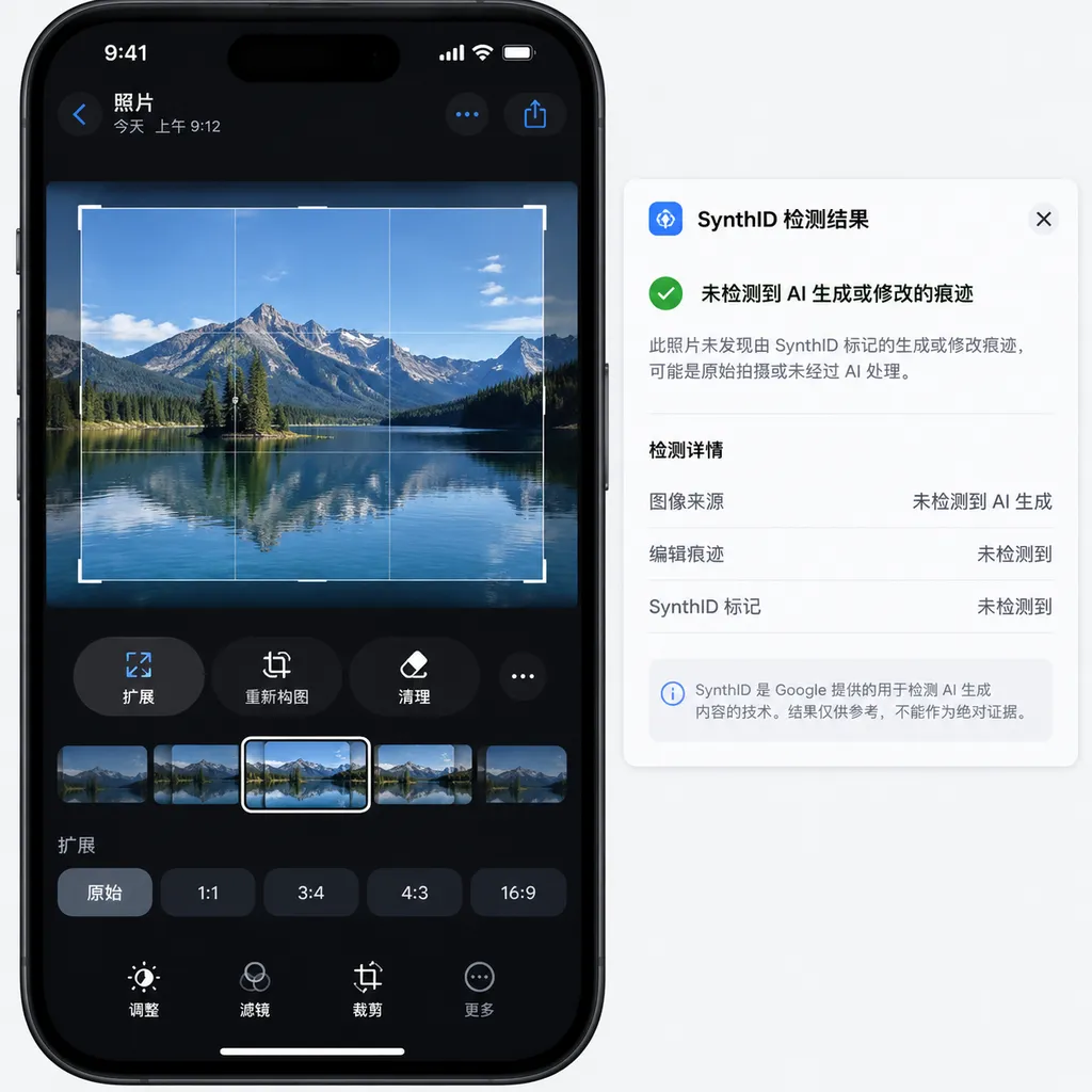 iPhone 运行 iOS 27.2,在照片 App 中使用扩展、重新构图和清理功能,旁边展示 SynthID 棬测结果
