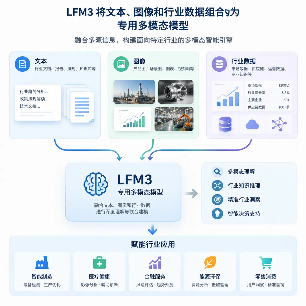 LFM3将文本、图像和行业数据组合为专用多模态模型的流程示意图