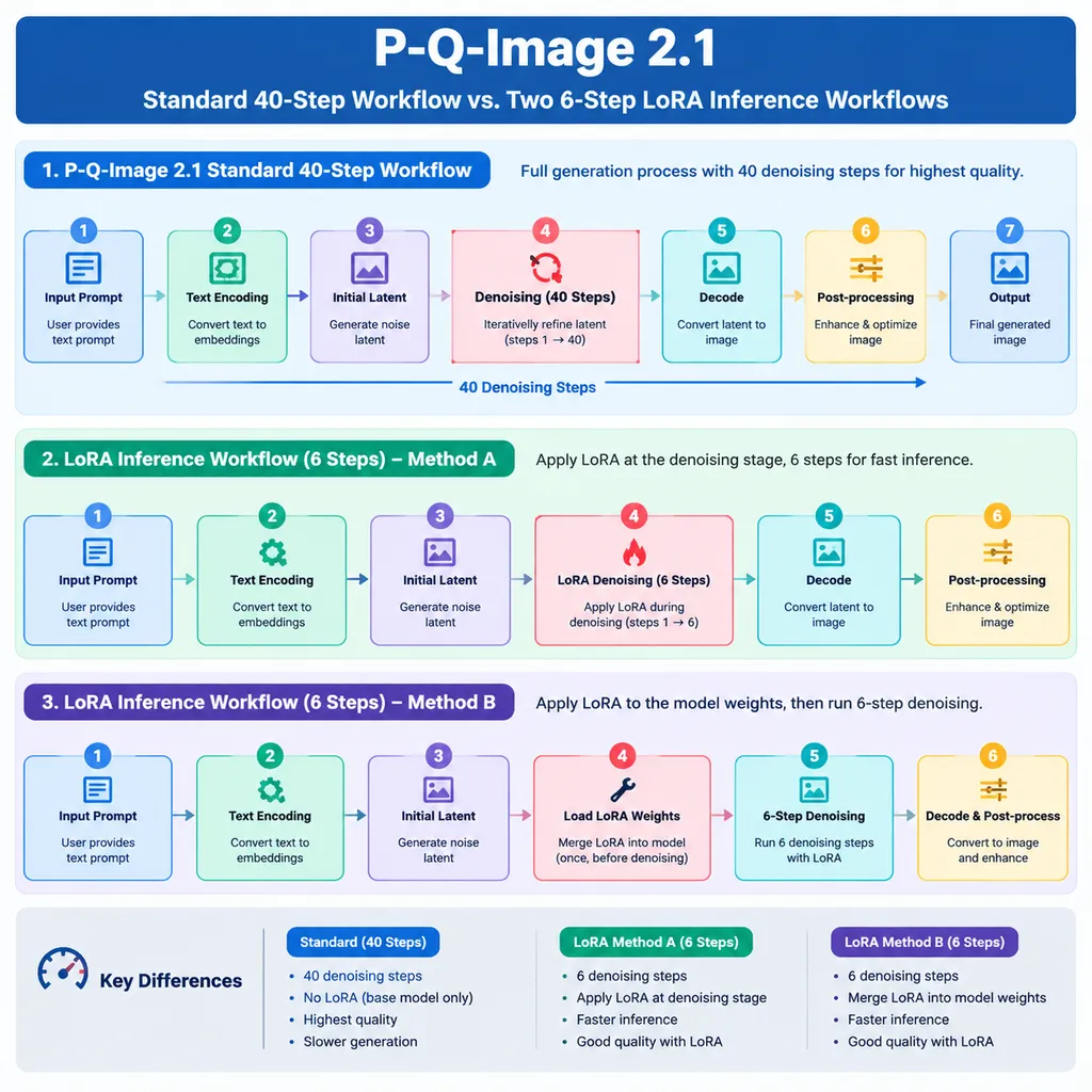 P-Q-Image 2.1标准40步流程与两种6步LoRA推理流程对比图