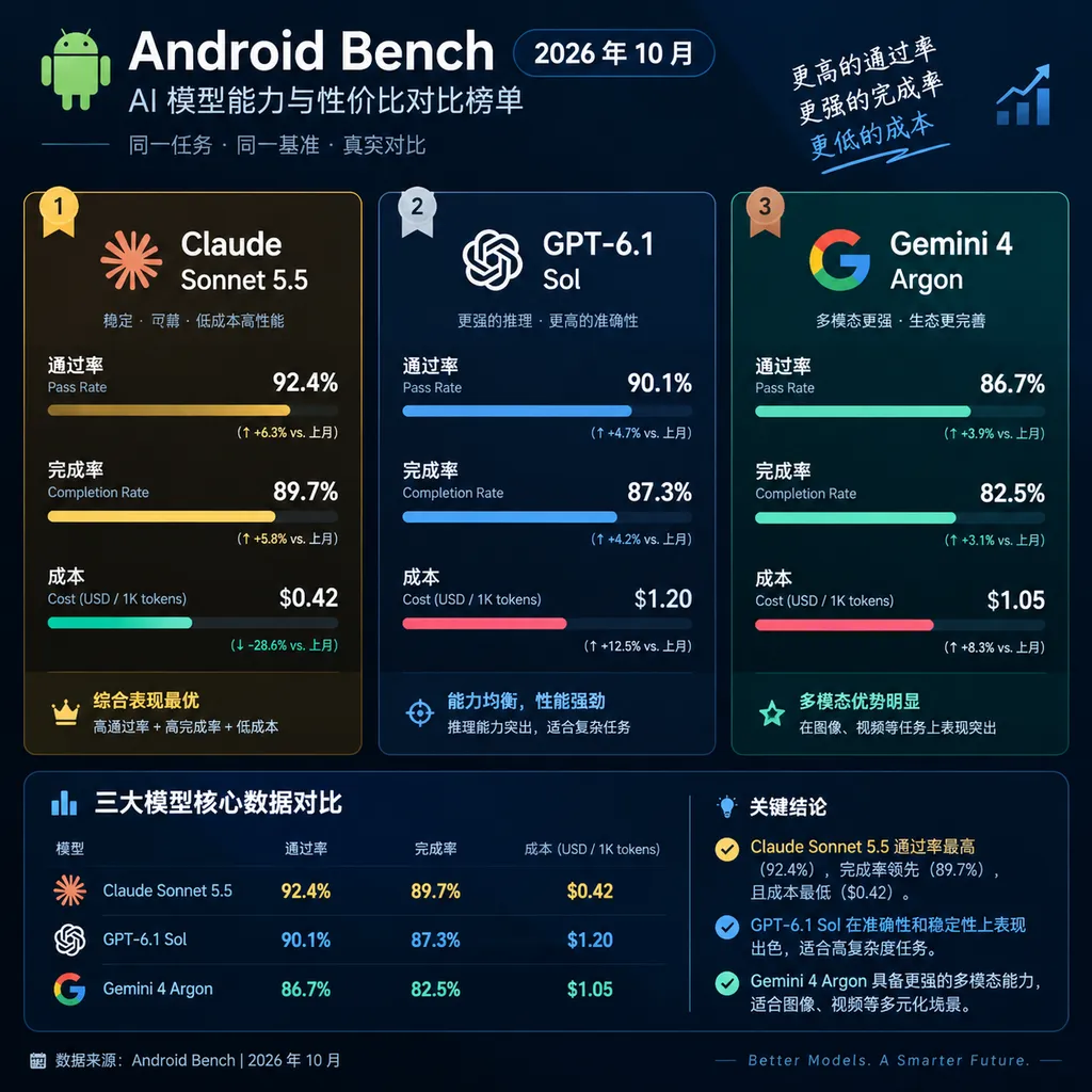 Android Bench 2026 年 10 月榜单示意图,突出 Claude Sonnet 5.5、GPT-6.1 Sol 与 Gemini 4 Argon 的通过率、完成率和成本差异