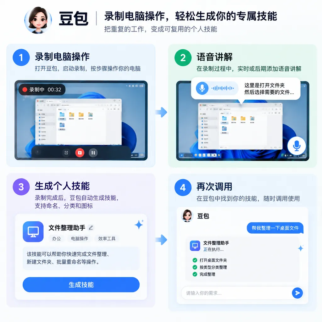 豆包工作录制电脑操作并保存为个人技能的界面示意图,画面包含录制、语音讲解、技能生成和再次调用四个步骤
