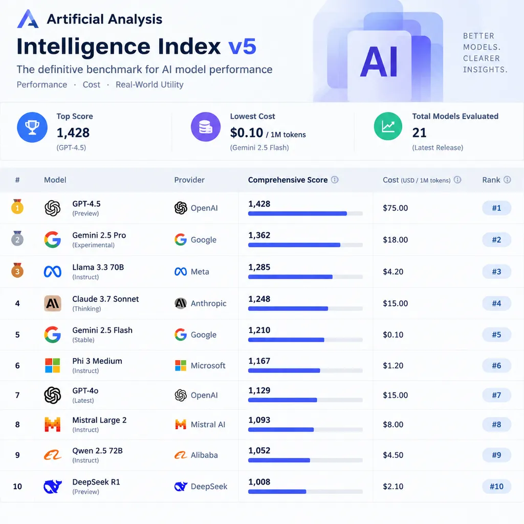 Artificial Analysis Intelligence Index v5 榜单界面,展示综合得分、成本与模型排名