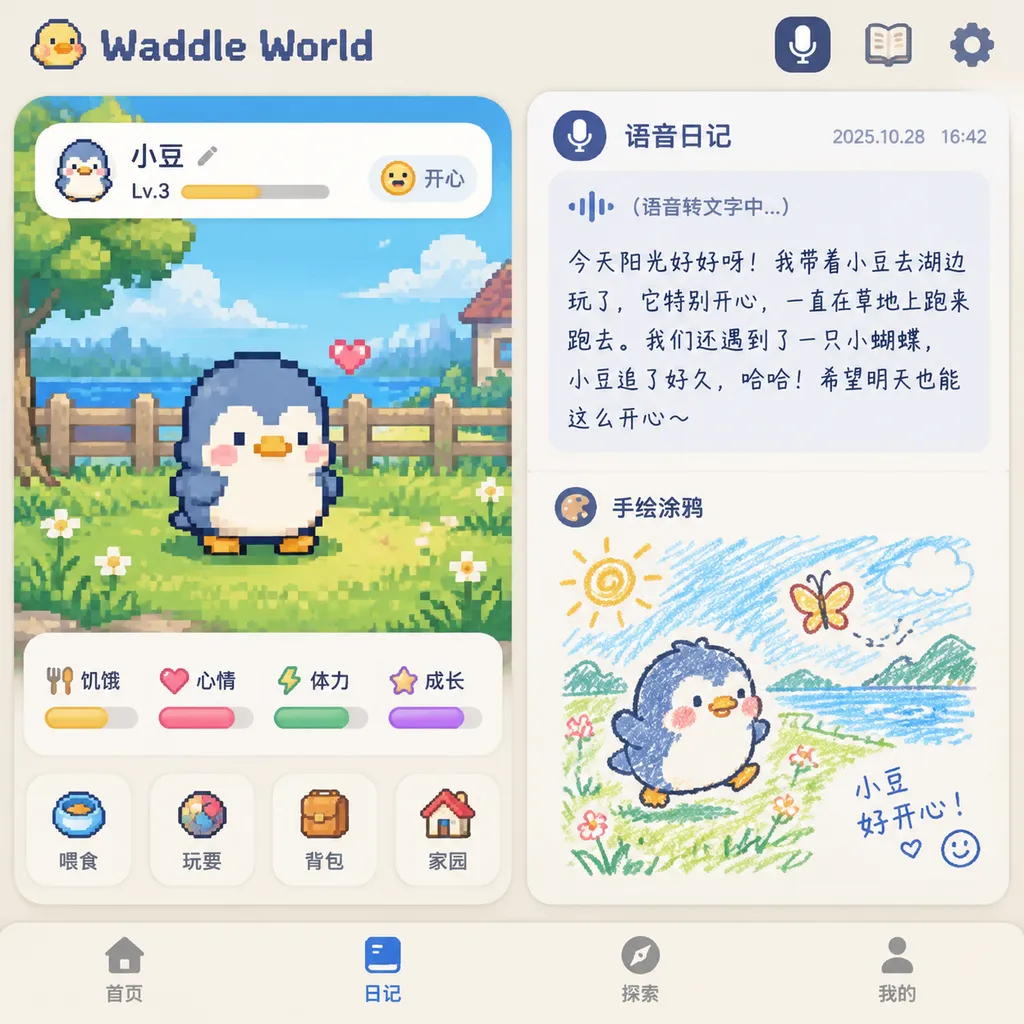 Waddle World应用界面,画面中是一只16位像素宠物,旁边展示由语音生成的日记文字和手绘涂鸦