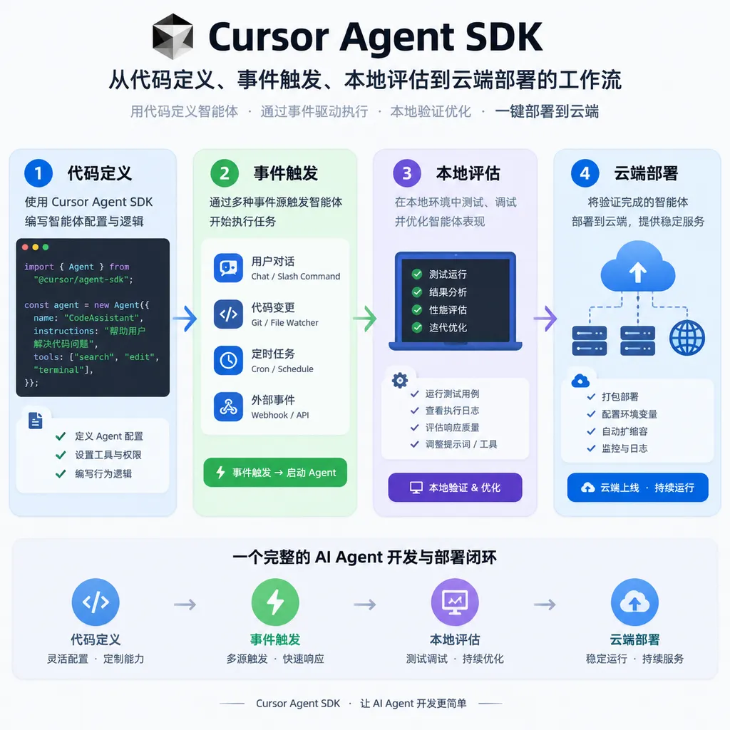 Cursor Agent SDK 从代码定义、事件触发、本地评估到云端部署的工作流示意图