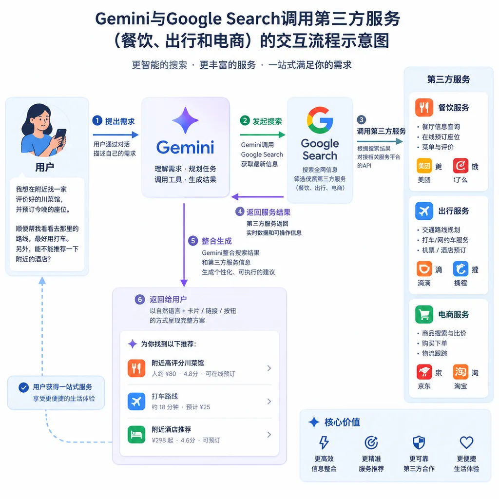 Gemini与Google Search调用第三方餐饮、出行和电商服务的交互流程示意图