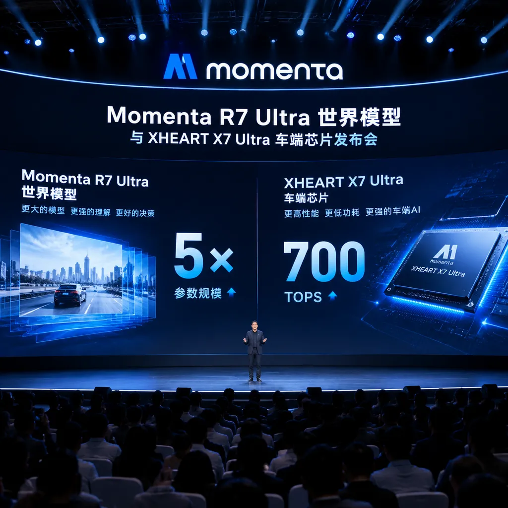 Momenta R7 Ultra世界模型与XHEART X7 Ultra车端芯片发布会现场,画面突出5倍参数规模与700 TOPS算力