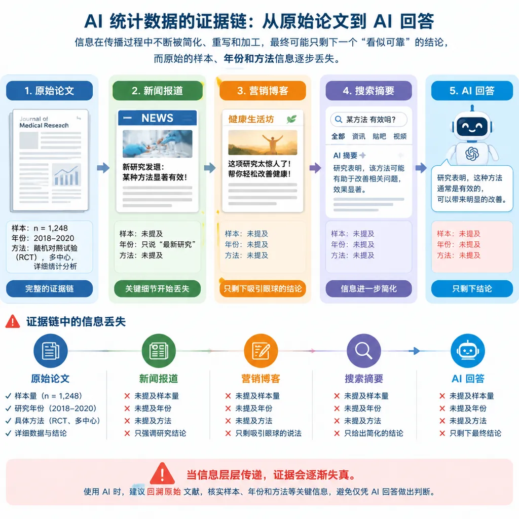 一张AI统计数据证据链示意图,展示原始论文经过新闻报道、营销博客、搜索摘要后进入AI回答,沿途逐步丢失样本、年份与方法信息
