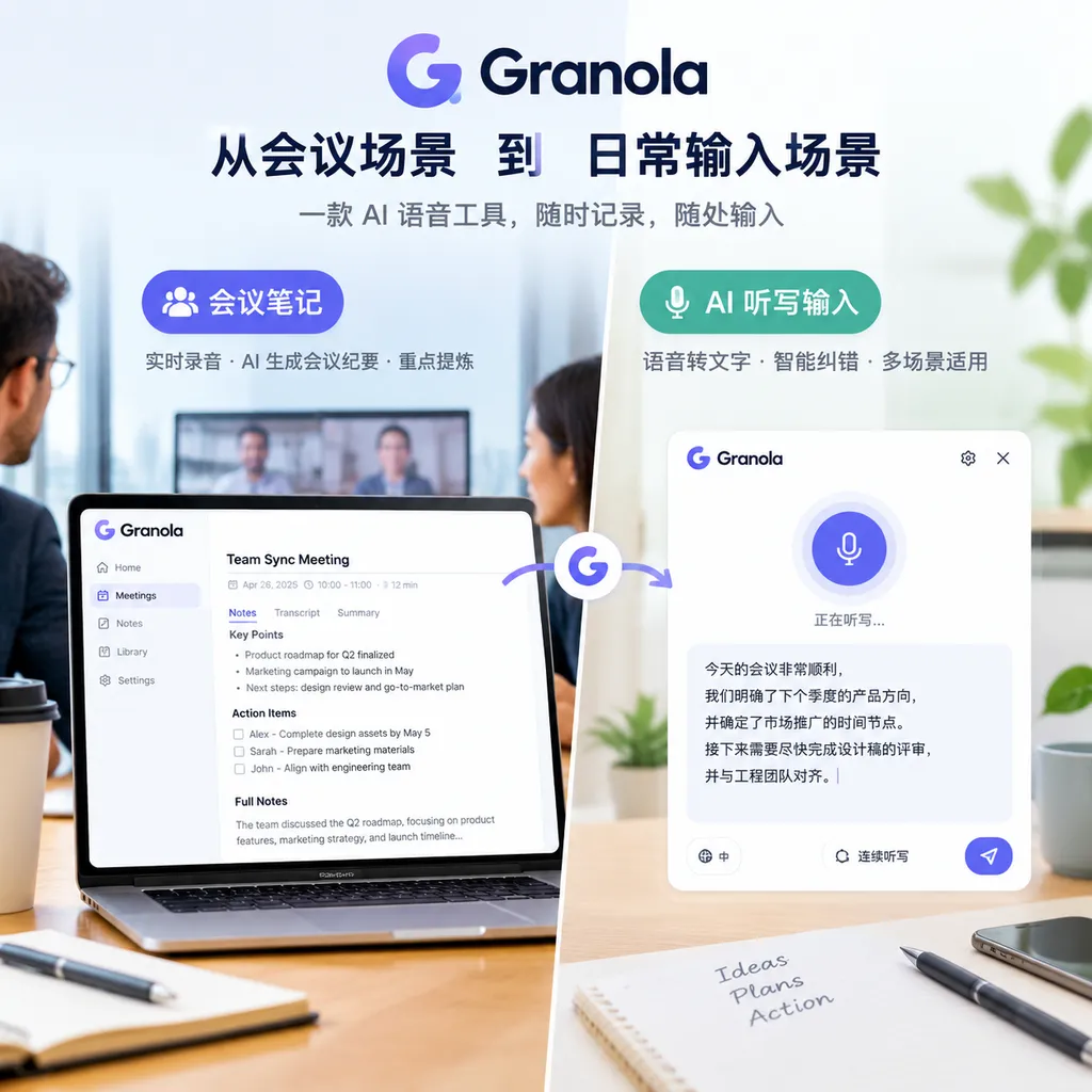 Granola会议笔记界面与AI听写输入框并列展示,突出产品从会议场景扩展到日常输入场景