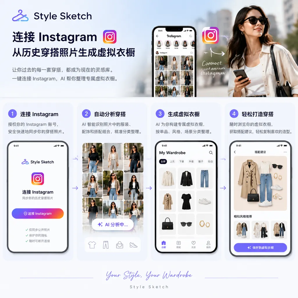 Style Sketch连接Instagram并从历史穿搭照片生成虚拟衣橱的产品流程示意图