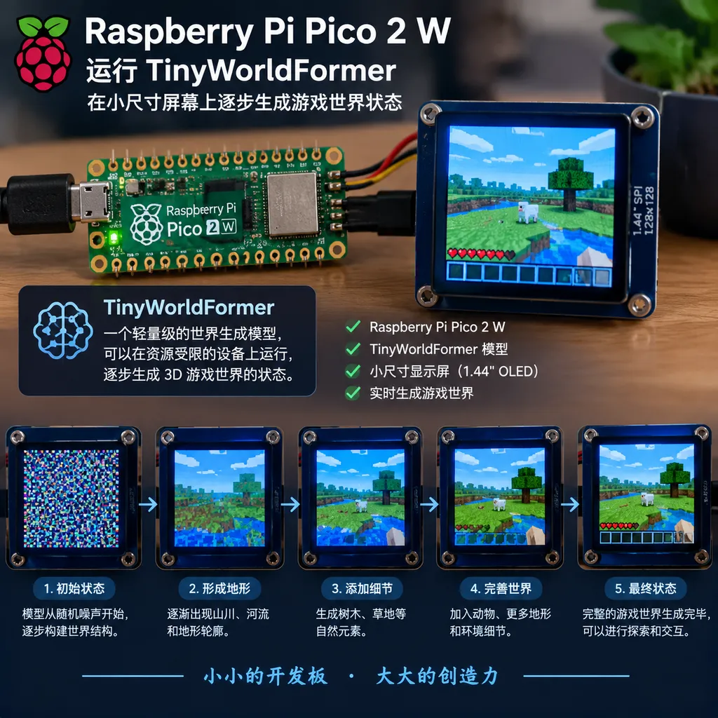 Raspberry Pi Pico 2 W 开发板运行 TinyWorldFormer,并在小尺寸屏幕上逐步生成游戏世界状态的示意图