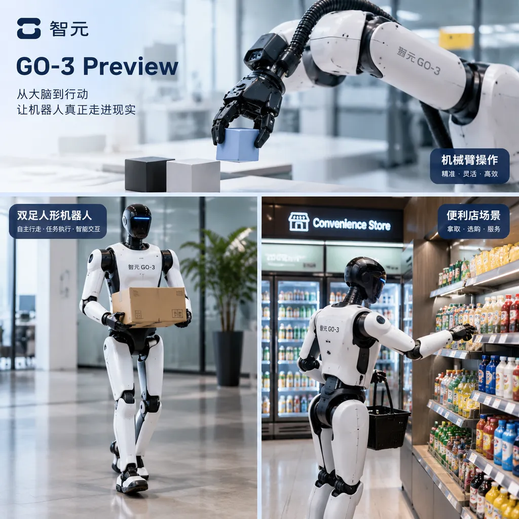 智元 GO-3 Preview 在机械臂、双足人形机器人和便利店场景中执行操作任务