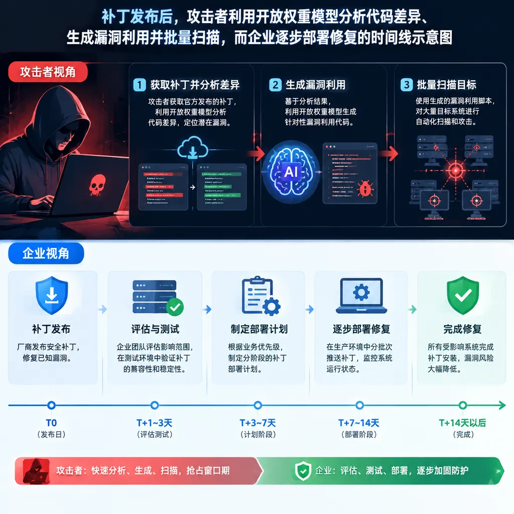 补丁发布后,攻击者利用开放权重模型分析代码差异、生成漏洞利用并批量扫描,而企业逐步部署修复的时间线示意图