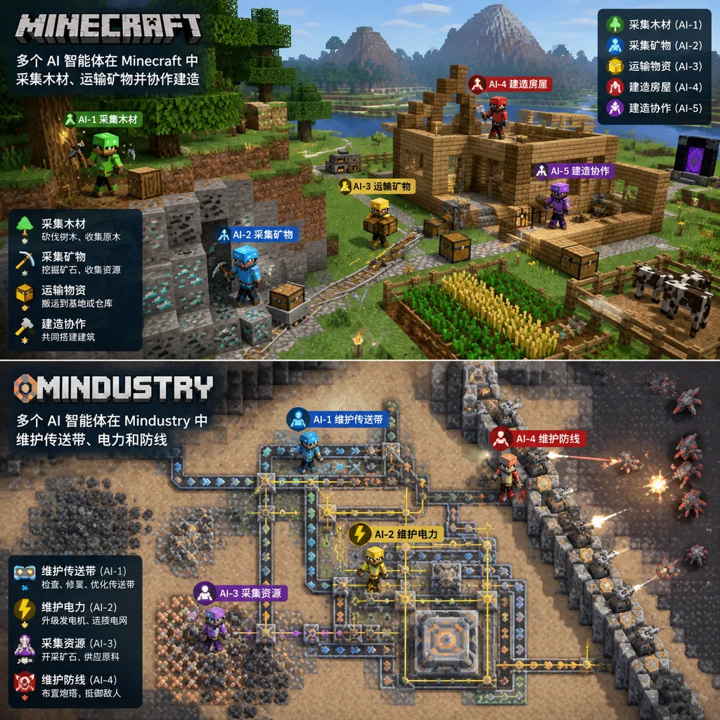 多个 AI 智能体在 Minecraft 采集木材、运输矿物并协作建造,同时在 Mindustry 中维护传送带、电力和防线的示意图