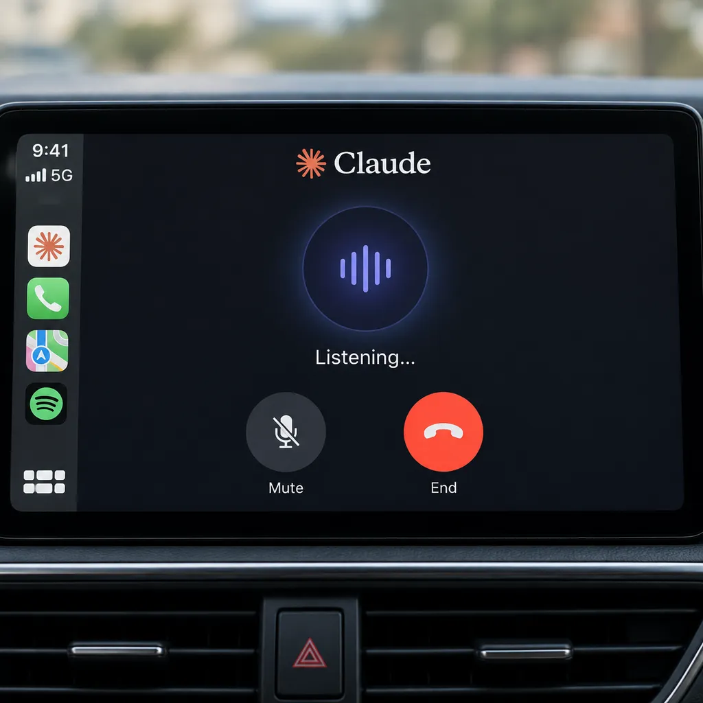 Apple CarPlay 中的 Claude 语音模式界面,显示聆听状态、静音按钮和结束对话按钮