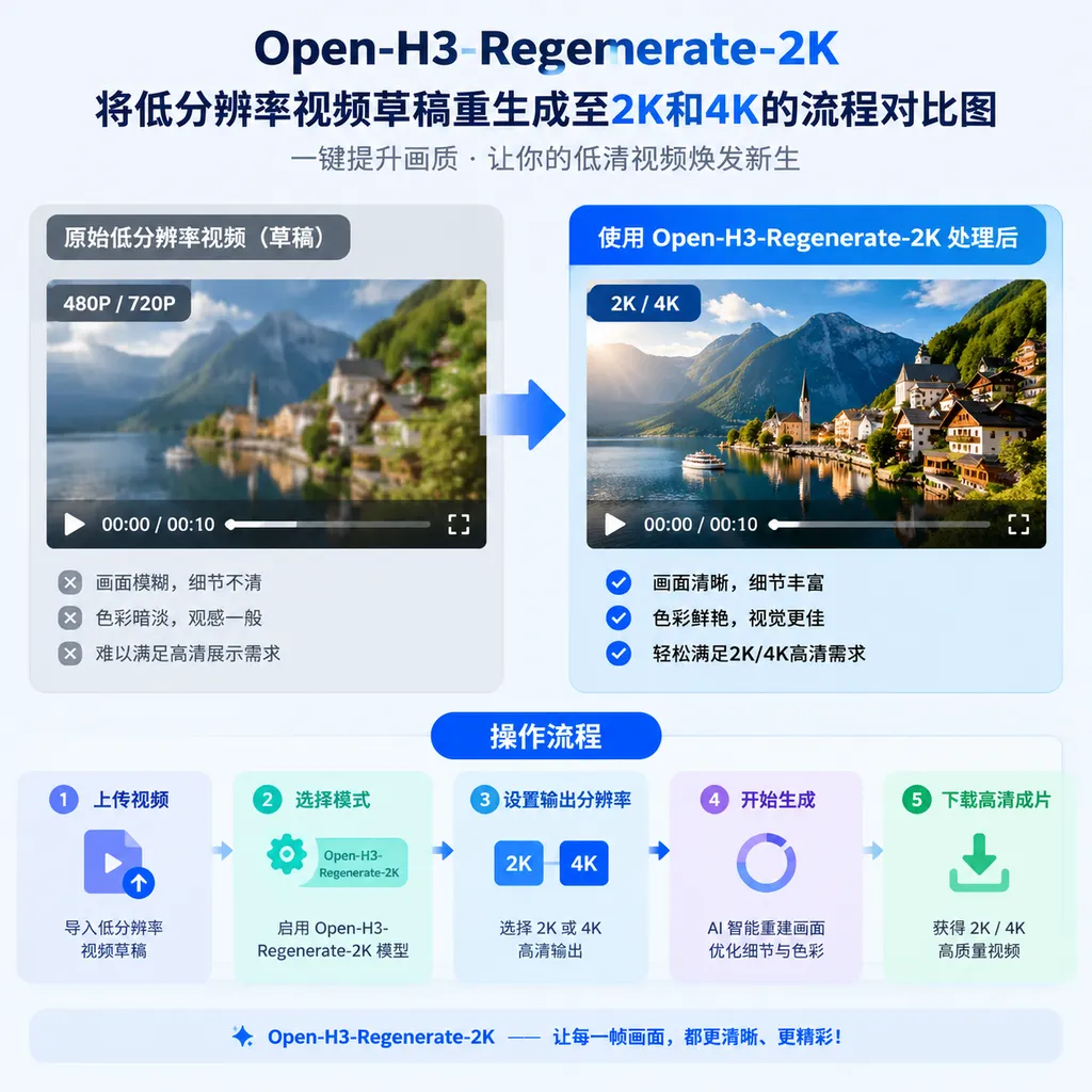 Open-H3-Regenerate-2K将低分辨率视频草稿重生成至2K和4K的流程对比图