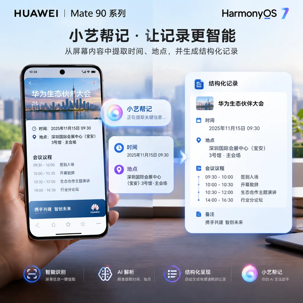 华为 Mate 90 系列运行 HarmonyOS 7,小艺帮记从屏幕内容中提取时间、地点并生成结构化记录的示意图