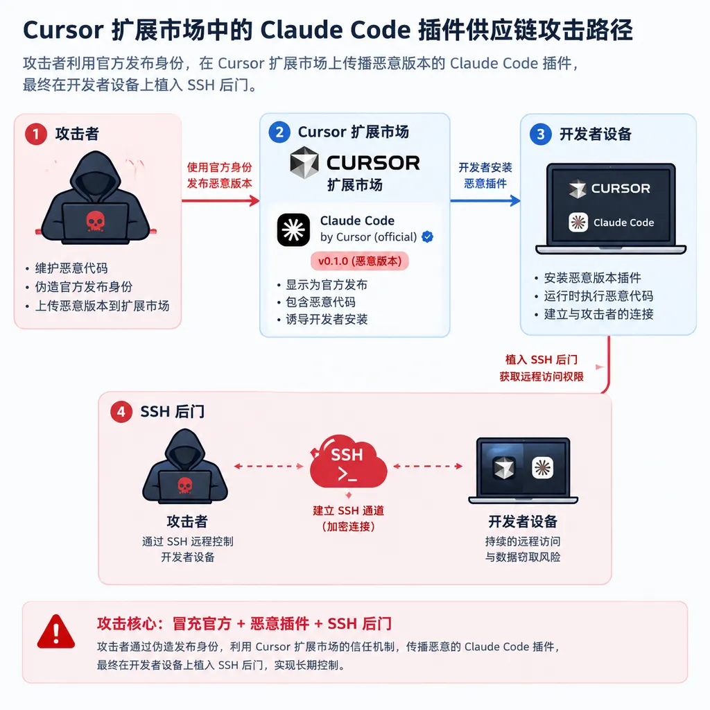 Cursor 扩展市场中的 Claude Code 插件供应链攻击路径示意图,展示攻击者、官方发布身份、恶意版本、开发者设备与 SSH 后门之间的关系